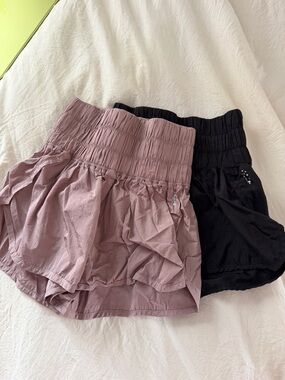 Free People High-Waist Ruffle Shorts in Mauve and Black